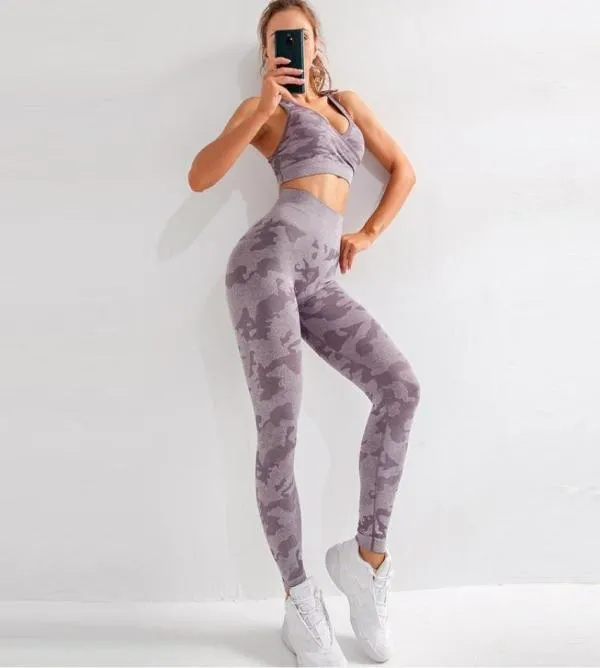 2 stücke set frauen Yoga Set Nahtlose Camouflage Frauen Fitness Kleidung Sport Bh Tragen Gym Leggings Gepolsterte Push Up Strappy anzüge15655083