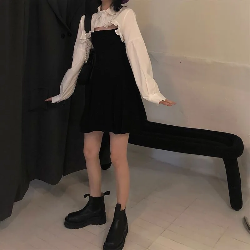 apparel korean black dress Dewlily Puff Sleeve Dress Korean Fashion Teens 20s 30s Cute Date A-line Office Style Off Shoulder Plain Simple