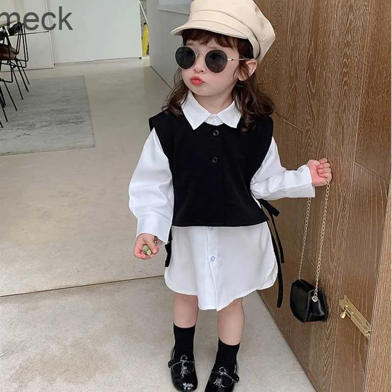 Kläder sätter kupolkameror för Girls Spring Autumn Clothing Set New Style Korean Japanese Vest+White Shirt Lapel 2st Infant Baby Suit Kids Fashion Top