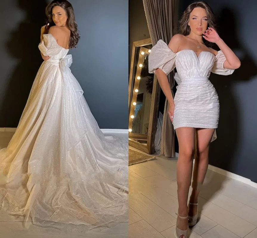 Two Pieces Shiny Glitter Wedding Dress 2023 Puffy Sleeves Detachable Skirt Sweetheart A Line Backless Bridal Gowns Vestidos De Noiva Custom Made