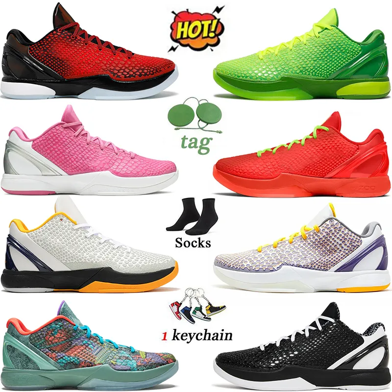 Mamba 6 Protro Grinch Basketball Shoes Men 스포츠 운동화 Mambacita Bruce Lee Big Stage Chaos 5 반지 금속 금 역 Grinch Crotro Think Pink Trainers