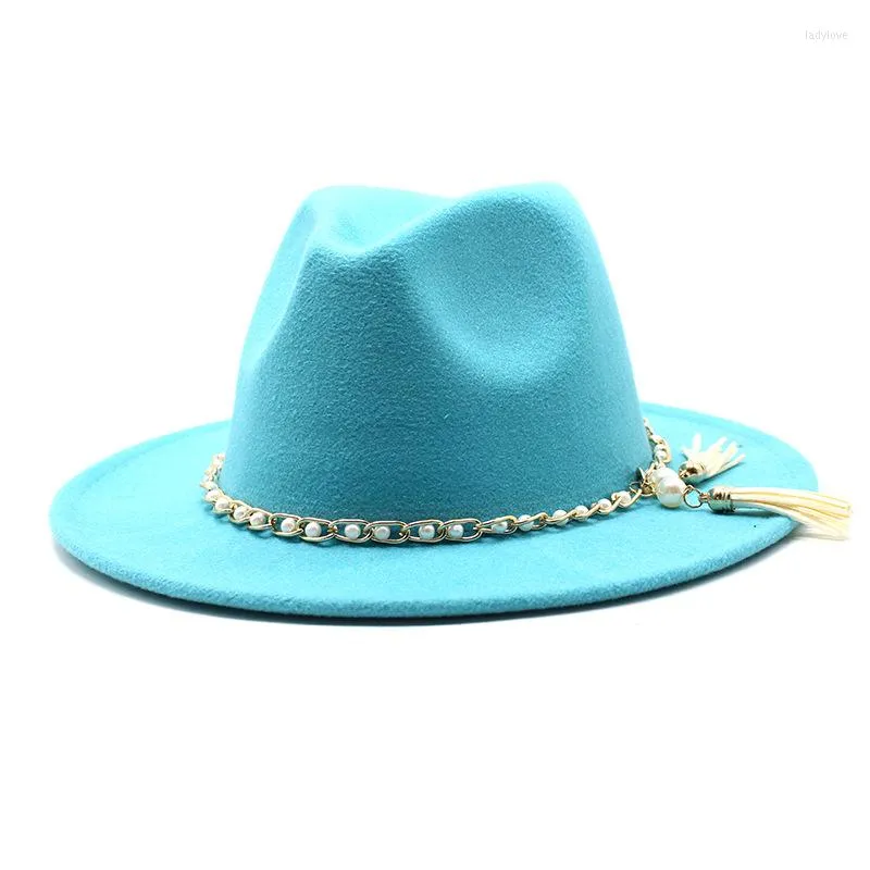 Berets Classic Fedora Hat With Pearl Tassel Chain Woollen Jazz Men and Women Big Brim Fashion Flat Panama