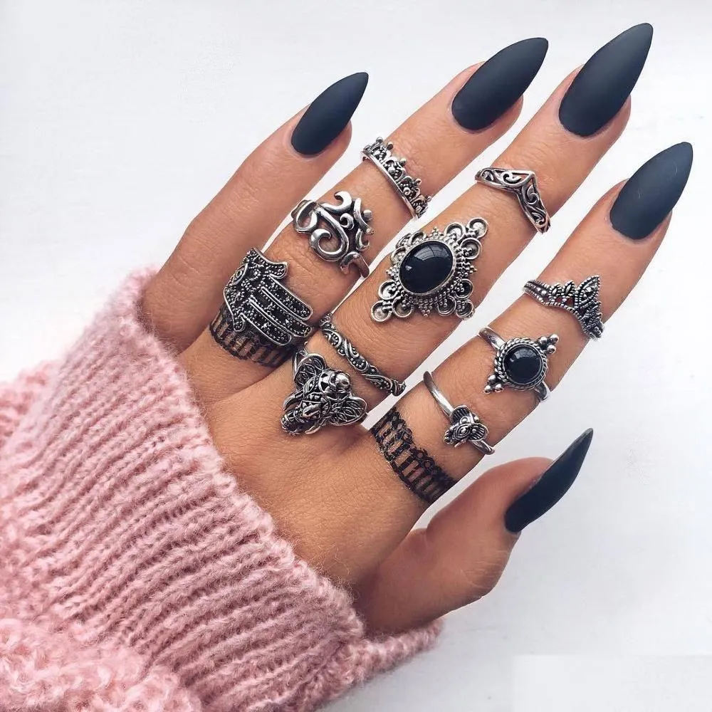 Bandringen Boheemse Vintage Lotusbloem Kruis Maan Ring Set Voor Vrouwen Zwart Kristal Midi Vingerringen 2021 Boho Party Juweel Dhgarden Otcct