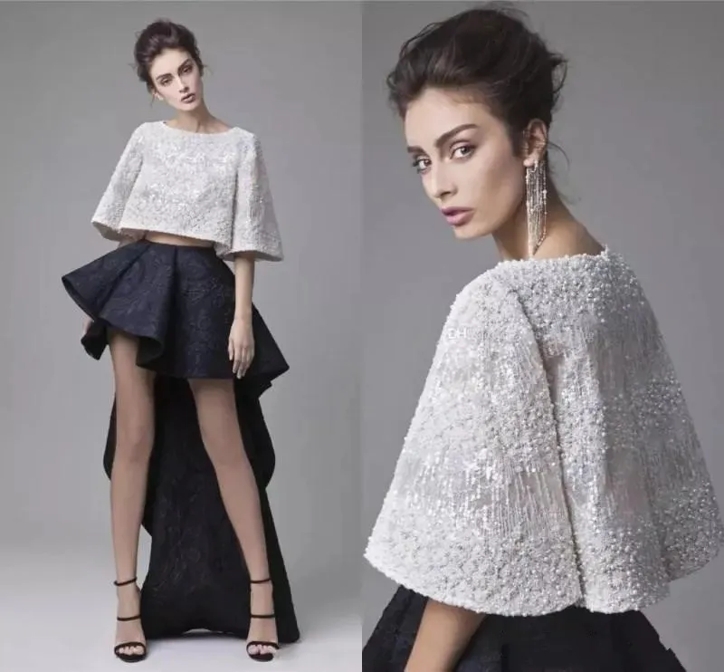 Fashion Krikor Jabotian Two Pieces Prom Dresses Black White Evening Gowns With Sleeves Short Mini Asymmetrical Skirt High Low Formal Dress