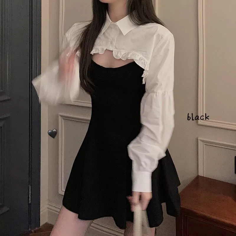 Korean Fashion two piece Korean dress Set with Lantern Sleeves and Loose White Shirts for Women - High Street Fashion