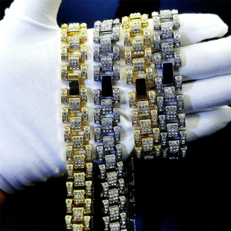 Naszyjnik na męski łańcuch kubański link złote łańcuchy lodowe biżuterię diamentową bransoletkę 16 mm łańcuch zegarków dla mężczyzn i kobiet Hiphop