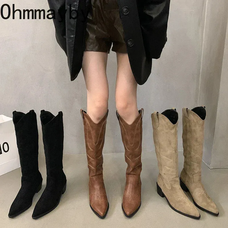 Botas mulher cowgirl botas moda deslizamento em senhoras elegante quadrado baixo salto joelho botas altas sapatos femininos calçados de inverno 231117