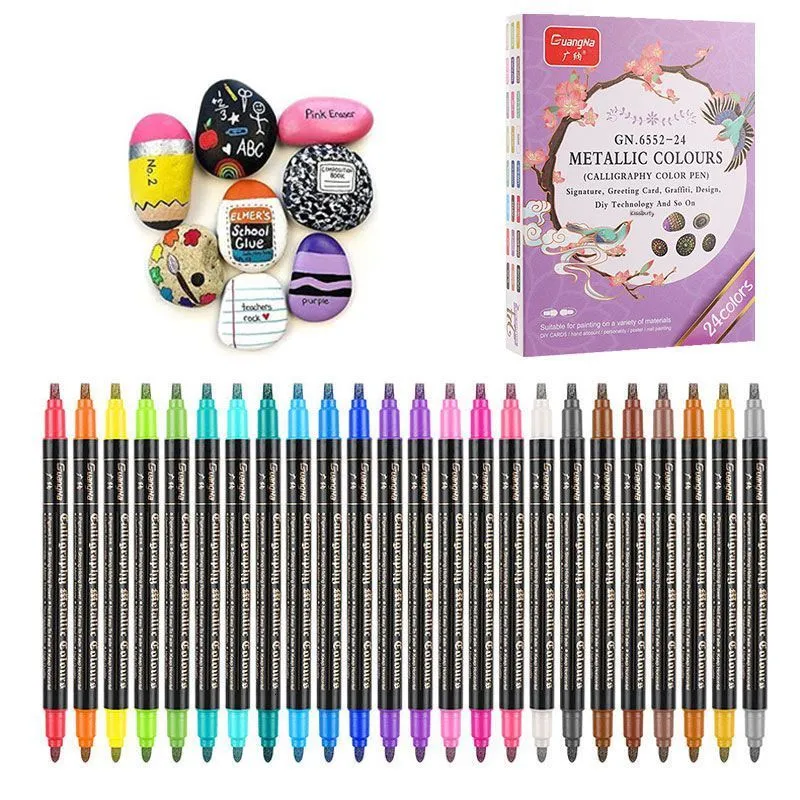 12/24 Colors Metallic Markers Paint Pens Art Writing Markers Paper Stone  Glass Wall Dual Tip Paint Pen Paper Stone Glass Wall