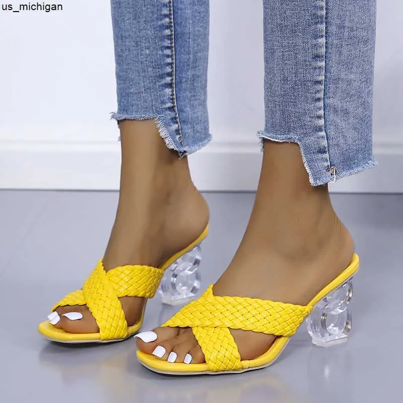 Slippare Transparente Estranho Salto Alto Sandlias Femininas Vero 2021 Plus Size Tecer Chinelos Femininos Moda Amarelo Aberto Toe Slides J230417