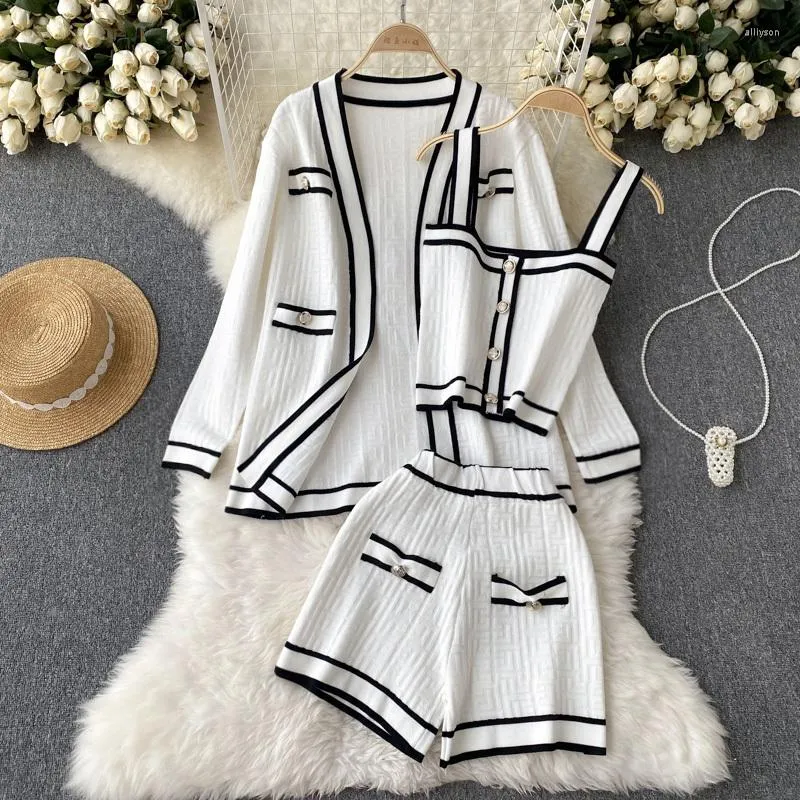 Women's Tracksuits Runway Spring Casual Long Sleeve Cardigan Jacket Caot Sling Vest High Waist Shorts Pants Chic Elegant Knitted 3 Piece