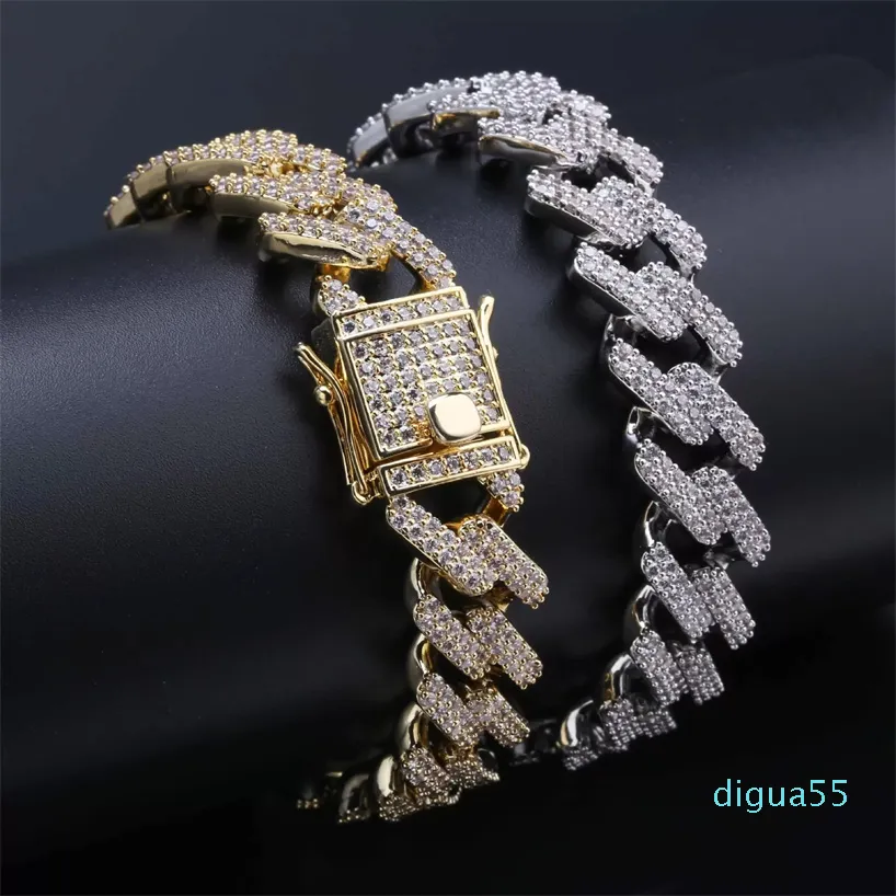 18k Guld Iced Out Cublic Zirconia Mens Hiphop Stone Bar Cuban Chain Armband Rock Punk Rapper smycken Copper Wrist Chains