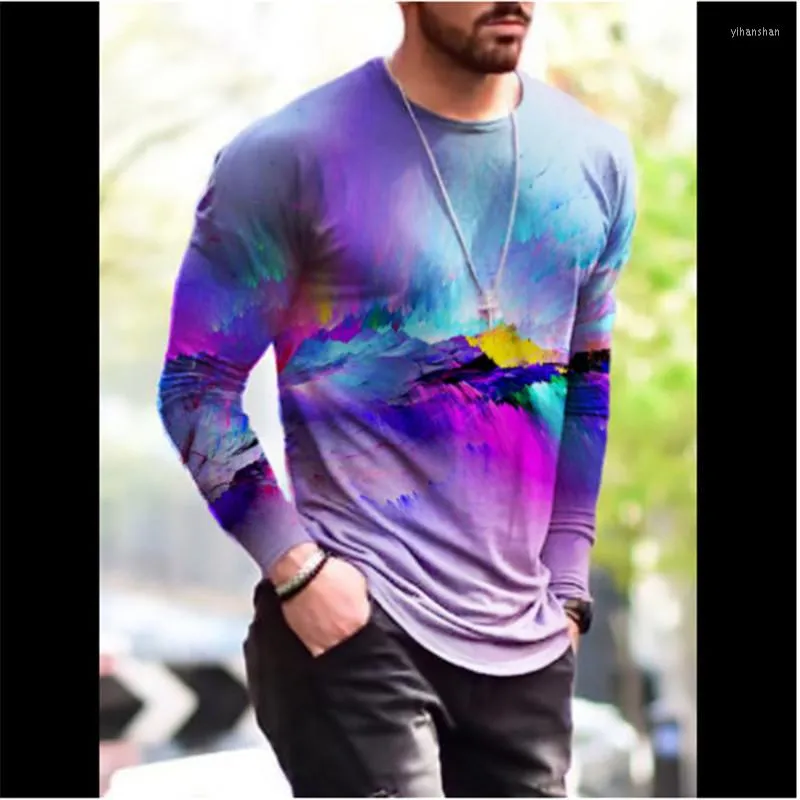 Herr t-skjortor 3D tie-dye tryckt gatu-t-shirts gradientmönster långärmad rundhals överdimensionerade toppar hösten lös casual stor