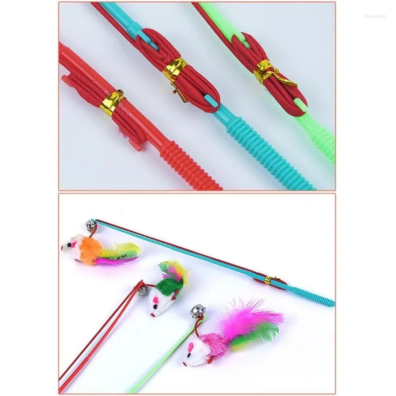 Cat Toys H55A 3 Pcs Exercise Toy Fake Mouse Feather Wand Interactive Stick Training Pole