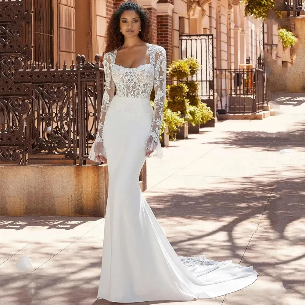 Elegnat Mermaid Wedding Dress Women Long Sleeve Square Collar Open Back ...