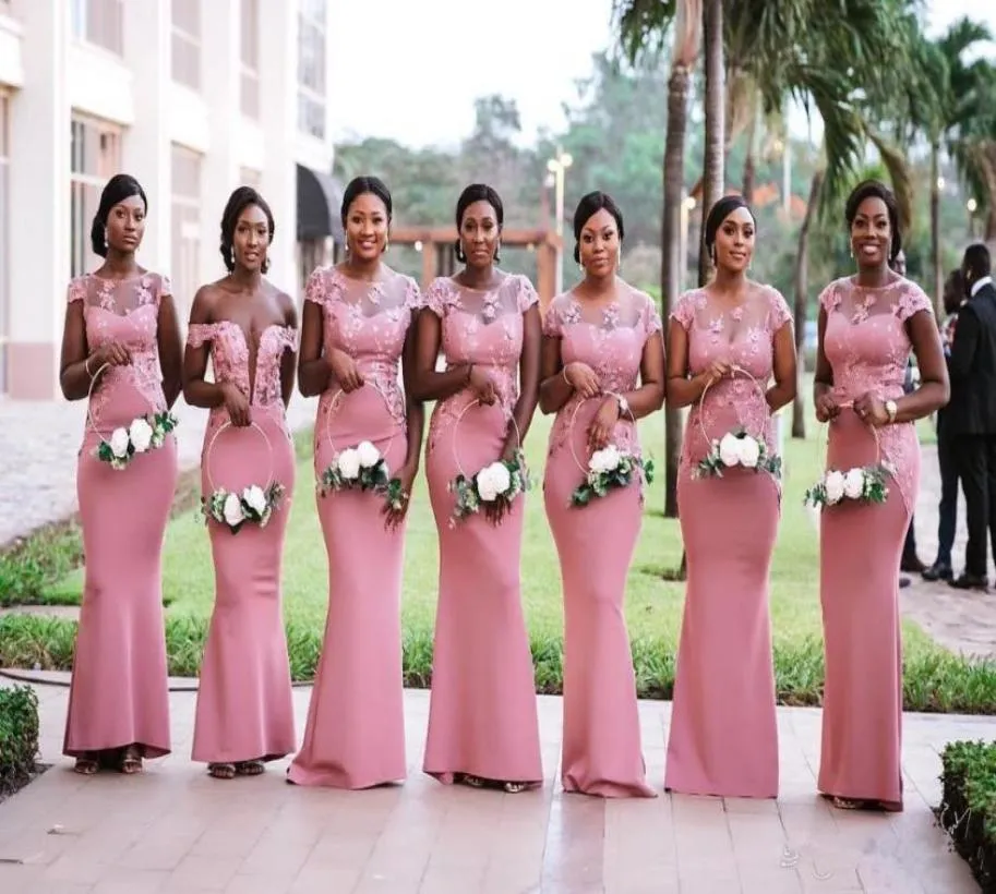 2020 Dantel Aplike Balo Elbisesi Resmi Partisi Önlükler Vestido De Festa Longo Afrika Sheer Boyun Denizkızı Pembe Bridemaid Elbiseler7072419