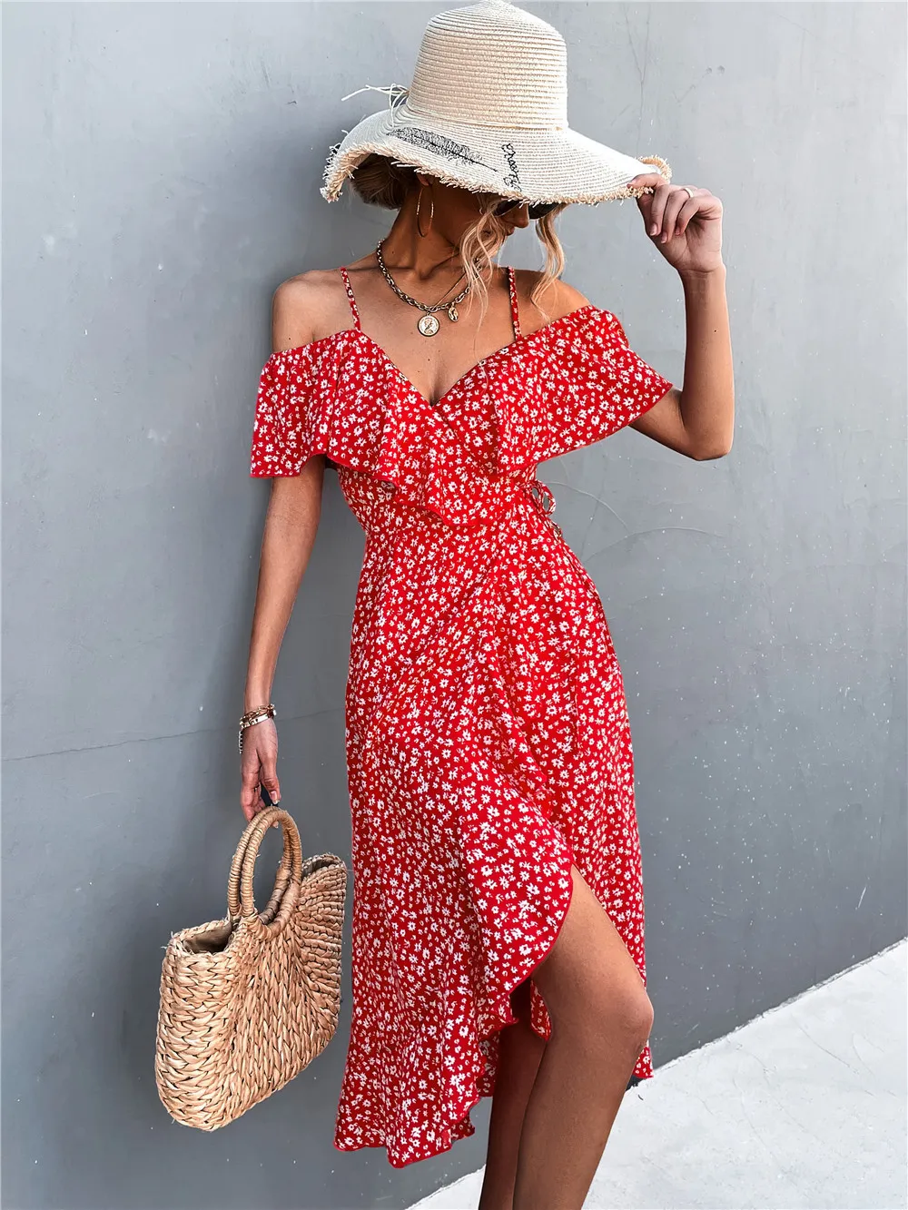 Casual Dresses Summer Models Ladies Dress Sexy One-shoulder Floral Elegant Suspender Dress High Wasit Irregular Long Dresses For Women 230418