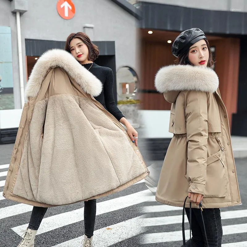 Women's Trench Coats 2023 Winter Fleece Parka Coat Plus Cashmere Drawstring Waist Cotton Down Padded Jacket Fur Collar Hooded Thick Warm