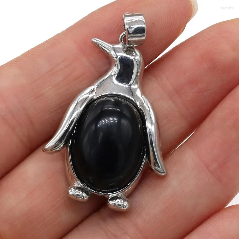 Pendant Necklaces 3D Penguin Natural Stone Amethyst Agate Metal Alloy Jewelry Making DIY Necklace Accessories Gift 24x34mm