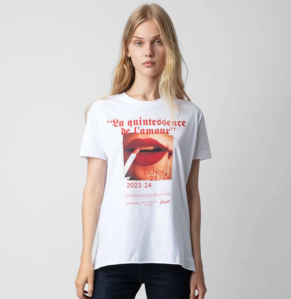 24SS Zadig Voltaire Nouveau Créateur De Niche Pull De Mode T-shirt Style Classique Flaming Red Lip Impression Numérique Coton Casual Simple Femmes Blanc À Manches Courtes Tee Tops zv