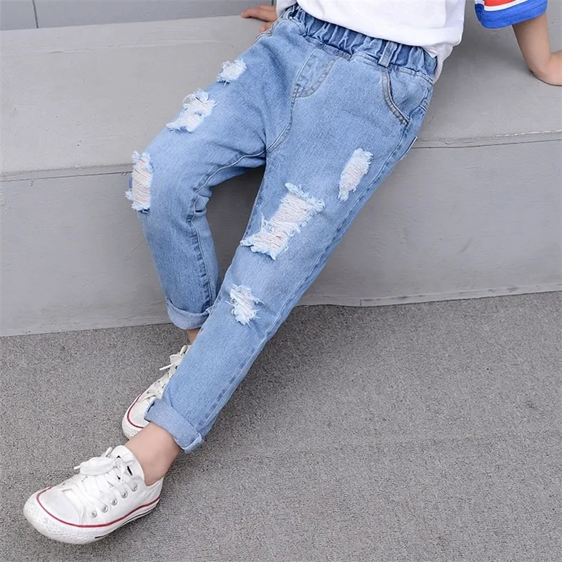 Jeans Casual Jungen Jeans Solide Elastische Taille Lange Kinder Hosen Mode Lose Löcher Jungen Jeanshose für 6 8 10 12 Jahre Kinder 230418