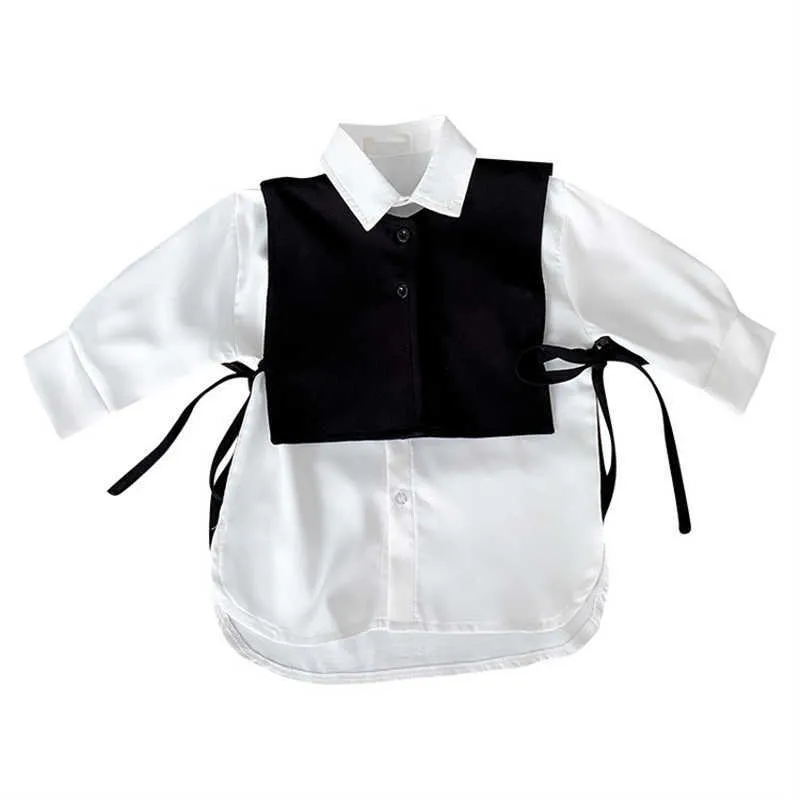 セットガールズスプリング秋の新しいスタイルシャツ2ピース服セット韓国の子供をゆるめる白いブラウスベストファッション衣装p230418