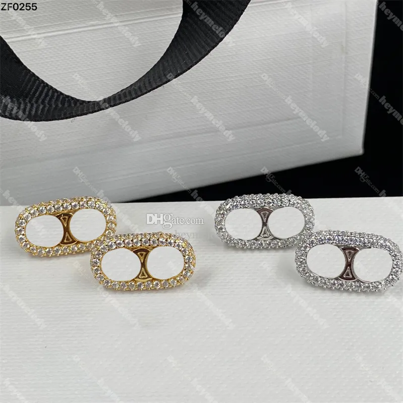 Designer clássico Diamond Studs Brincos de designer femininos Gold de cristal elípticos de ouro com caixa