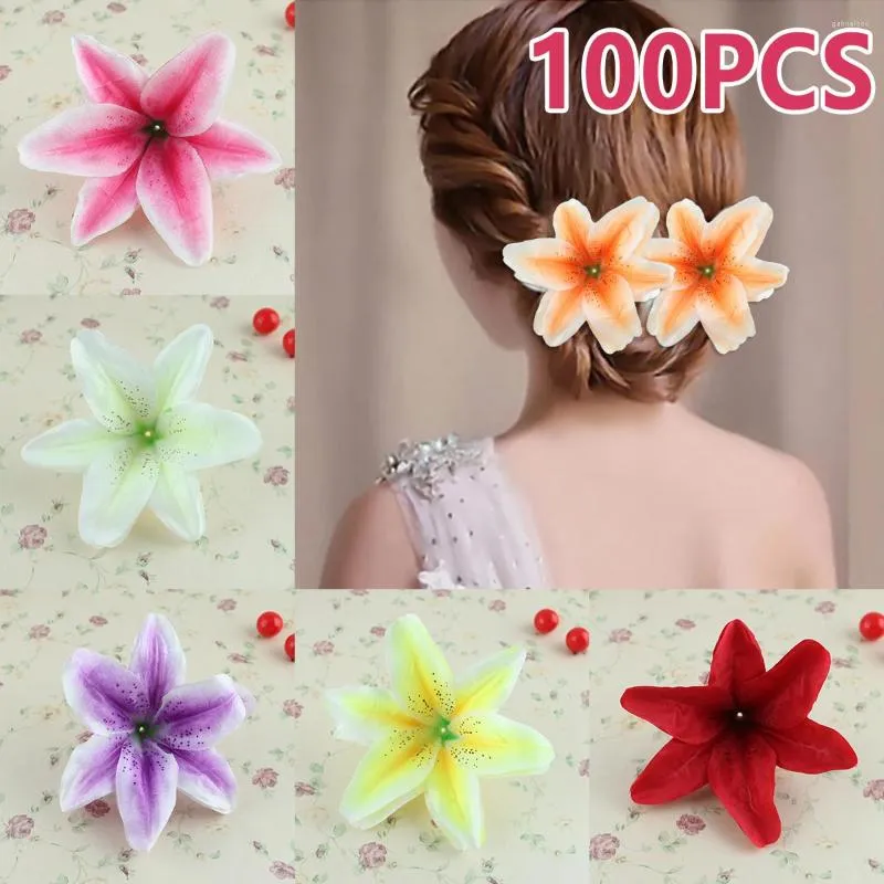 장식용 꽃 100pcs 가짜 백합 꽃 실크 인공 머리 재사용 가짜