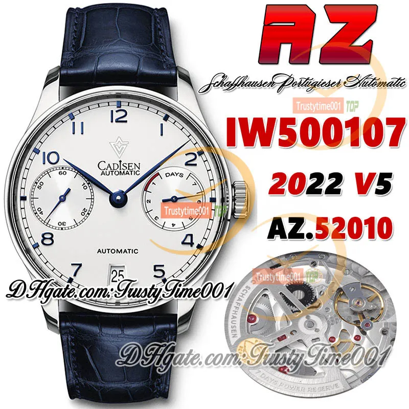 AZF V5 az500107 A52010 Montre automatique pour homme Cadran de réserve de marche blanc Marqueurs de chiffres bleus Boîtier en acier inoxydable Bracelet en cuir bleu Super Edition trustytime001Montres