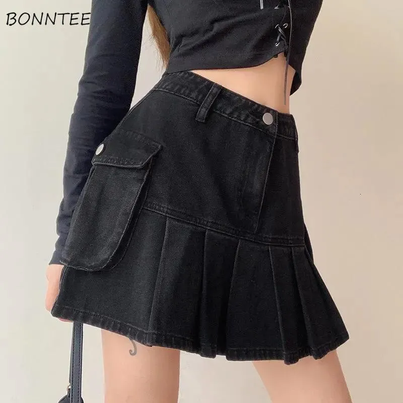 Spódnice Kobiety fałdowanie jeansu mini seksowne kawaii streetwear koreański elegancki elegancki styl A-line vintage modne harajuku słodkie dziewczyny 230418