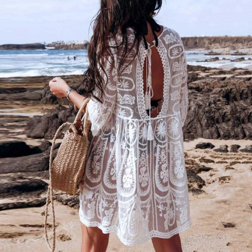 Sunscreen clothing O-Neck Half Sleeve Bikini Cover Up Flowy Hem Backless Sunscreen Dress See-through Embroidery Pattern Lace Beach For Vacation P230418