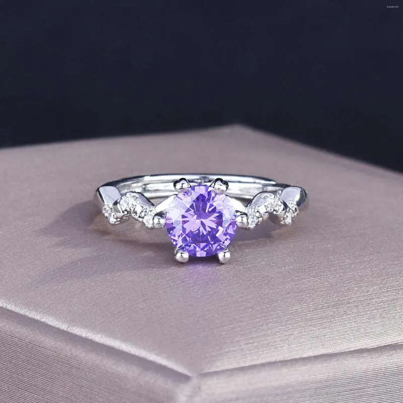 Cluster Anneaux 925 Argent Exquis Six-griffes Zircon Anneau Huit Coeurs Et Flèches Violet Femme Vin Fête Voyage Bijoux Cadeau