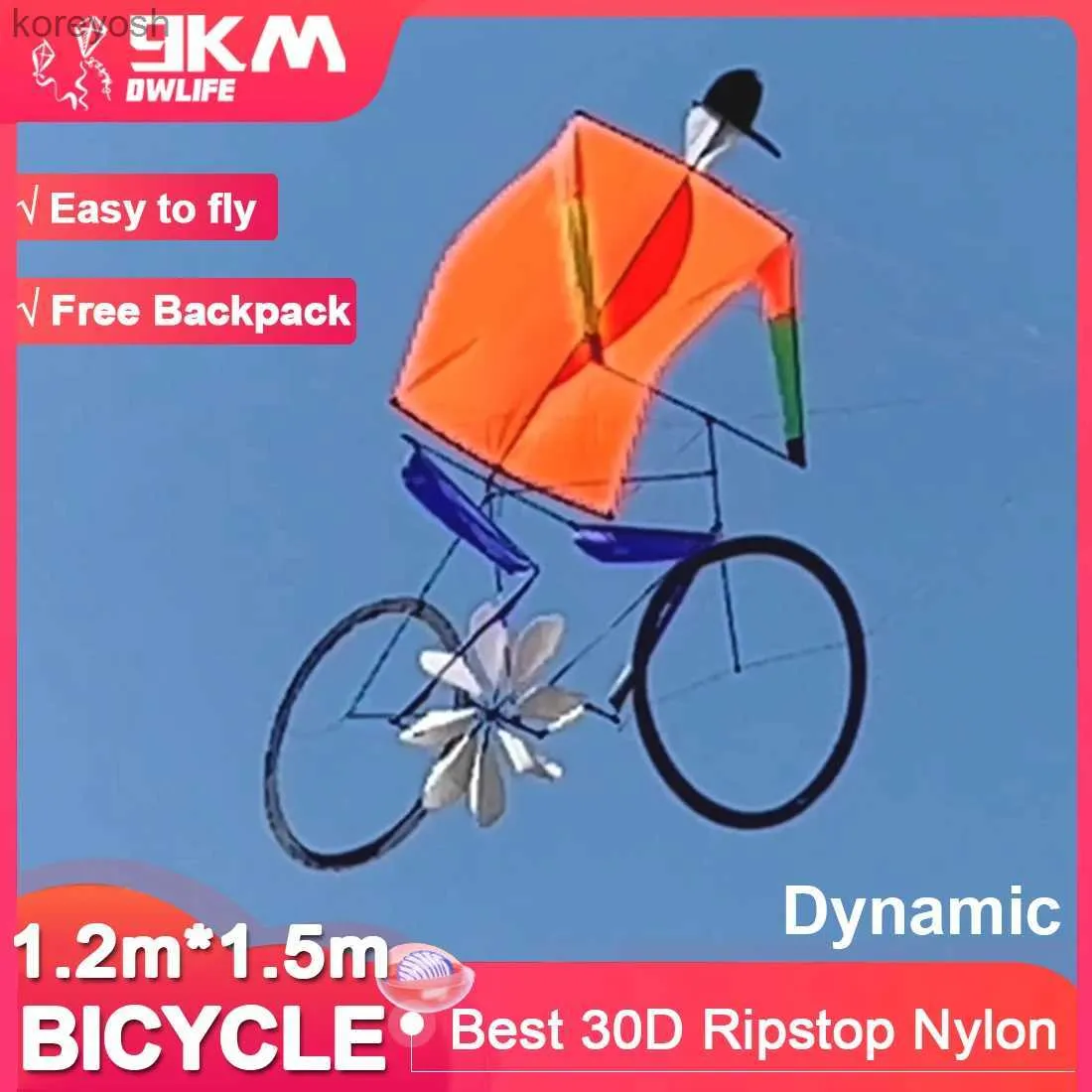 إكسسوارات Kite 9km Dynamic Bicycle Kite 1.2m*1.5m Line Line Line Line Show Kite for Kite Festival 30d Ripstop Nylon مع حقيبة (طيار) L231118