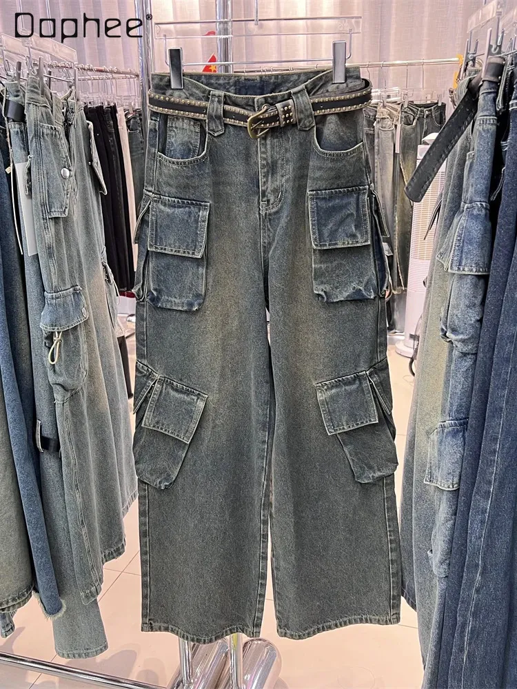 Jeans pour hommes Style coréen Jeans à jambes larges pour femmes vêtements d'automne vêtements de travail multi-poches personnalisés pantalons en denim ceinturés pour femmes 231118