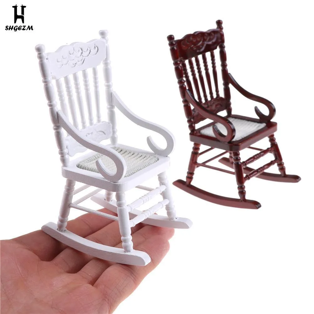 Kitchens Play Food Dollhouse Miniature Furniture White Brown Wooden Rocking Chair Hemp Rope Seat For Dolls House Accessories Decoration Toys 230417