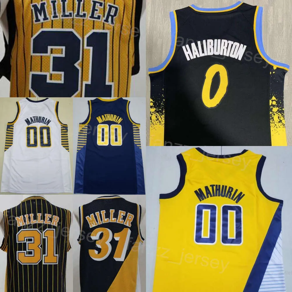 City Basketball Vintage Reggie Miller Jerseys 31 Hombre ganado Tyrese Haliburton 0 Bennedict Mathurin 00 Declaración cosida Negro Azul marino Blanco Amarillo Calidad superior