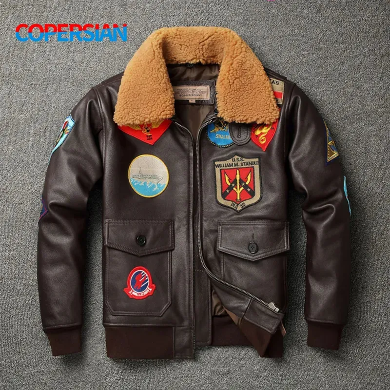 Mens Leather Faux G1 Air Force Flight Jacket Wool Collar Top Denim and Cotton Gun Same as Tom 231118