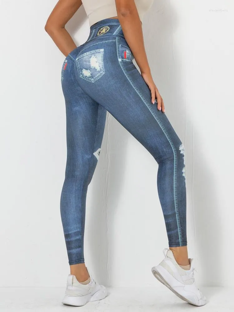 Aktif Pantolon Polyester Yoga Kadın Taytlar Fitness Yüksek Bel Egzersiz Gym Spor Spor Taytlar Taklit Kot pantolon