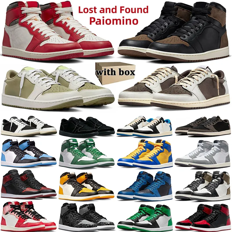 Box Jumpman 1 Men Baskteball Shoes Mens 1S Lost and Found Palomino 특허 자란 Lucky Green Spider-Man White Cement 1s Low Mocha Golf Olive Trainers Sneathers 36-47