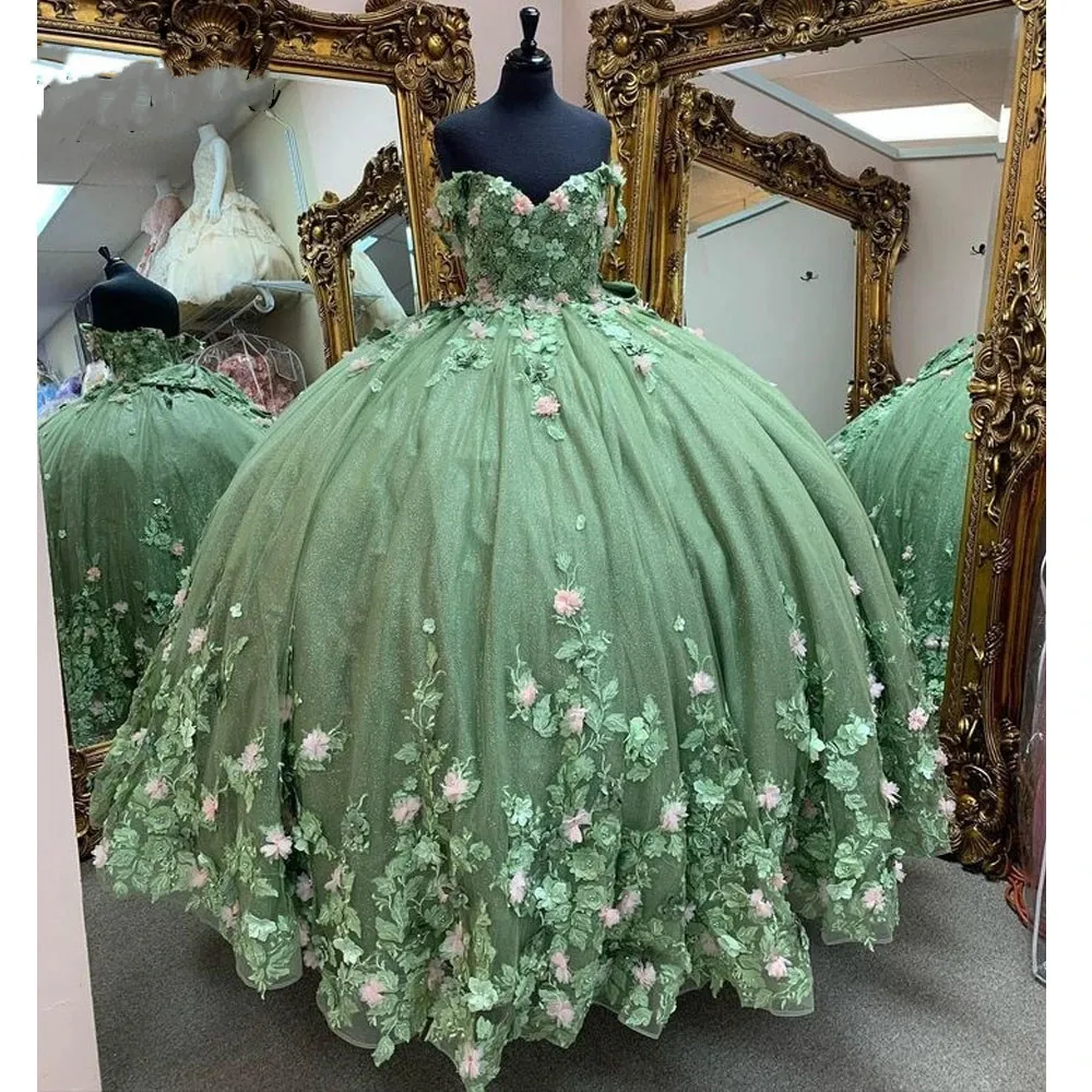 Luxury Princess Sage Green 3d Flower Quinceanera Dress With V Neck