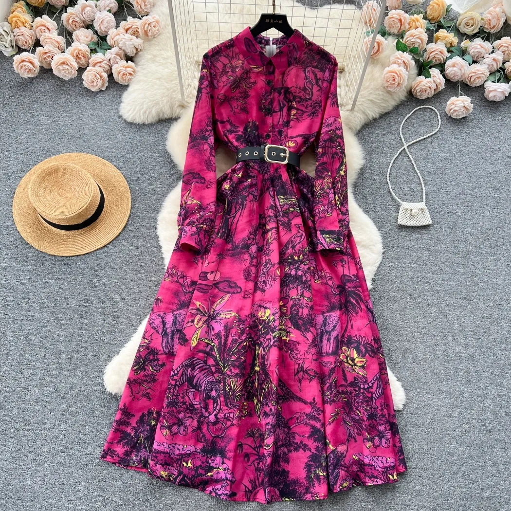 French Light Luxury Retro Atro Atmosphere Printed Dress Autumn Midje krympande design Högkvalitet Temperament Lång klänning