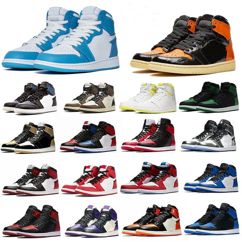 Mens Jumpman Og 1s 농구화 시카고 여성 흑요석 UNC 중간 왕실의 금속 메탈릭 금속 소나무 두려움이없는 회색 호즈 어두운 모카