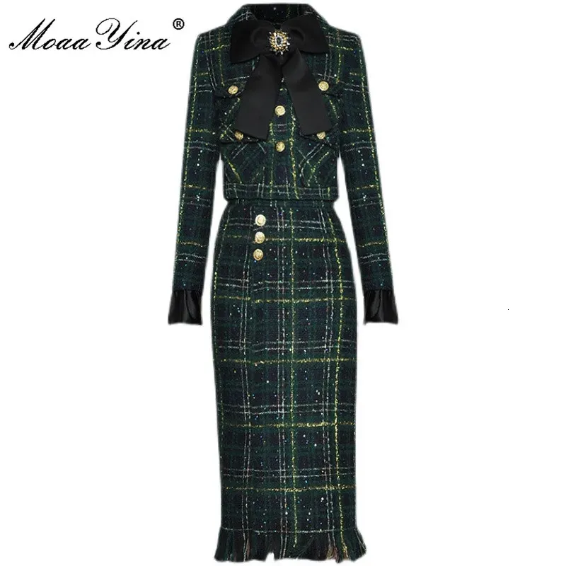 Robe de deux pièces MoaaYina créateur de mode hiver Plaid Tweed jupes costume femmes arc perles à manches longues veste gland jupe 2 pièces ensemble 231117