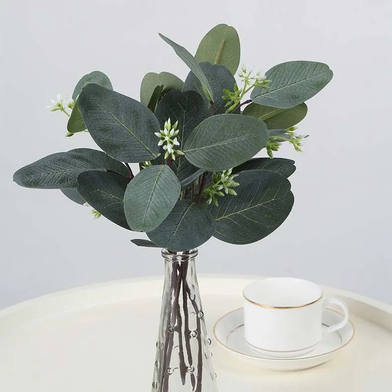 Decorative Flowers & Wreaths 29cm Short Eucalyptus Branch With Fruit Artificial Green Plant Leaf Decoration Home Garden Fake Layout