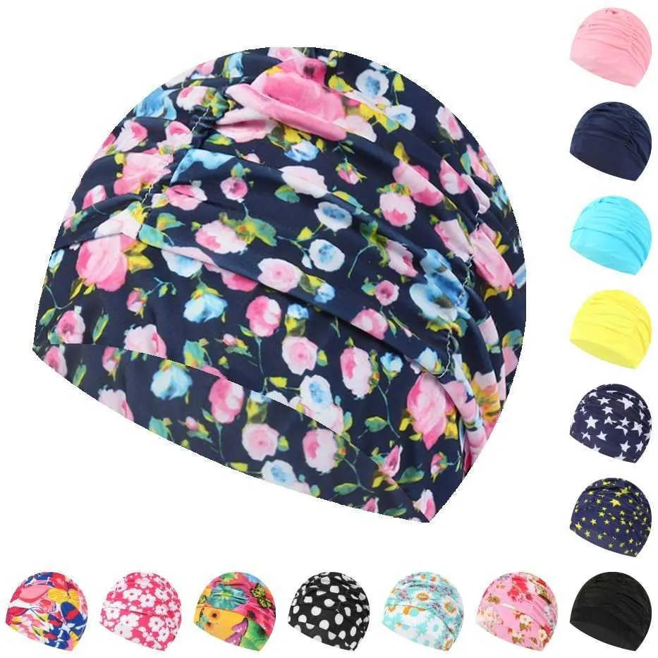 Simningskåpor JSJM Ny Swimming Cap Women Colorful Printed Swimming Hat Simple Solid Color High Elastic Swim Pool Cap Waterproof vuxna Hat P230418