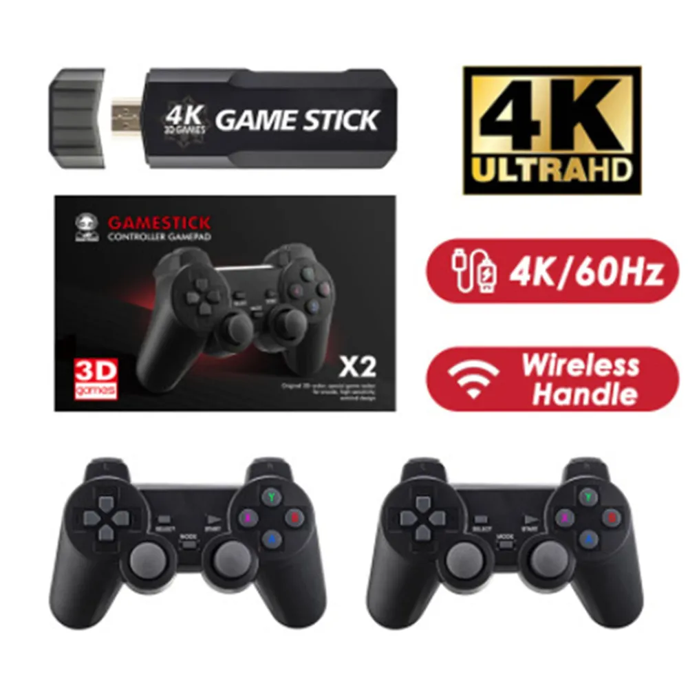 Портативные игровые игроки Game Stick x2 Ностальгический хост 32G 4K HD HDTV GD10 Retro Video Games Console с двумя беспроводными контроллером, встроенными в 10000 игр для детей подарок