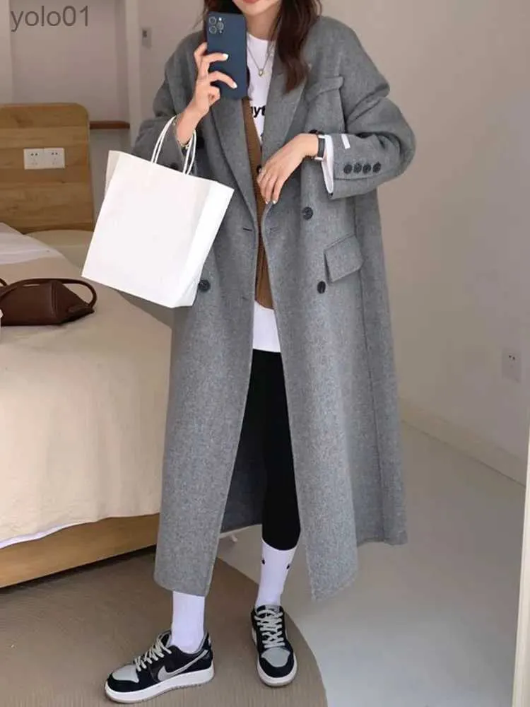 Frauen Wolle Mischungen Zoki Winter Dicke Büro Langwolle Wollmantel Elegante Mode Faux Wolljacke Frauen Einfacher grau Langschlafen alle Match Outwearl231118