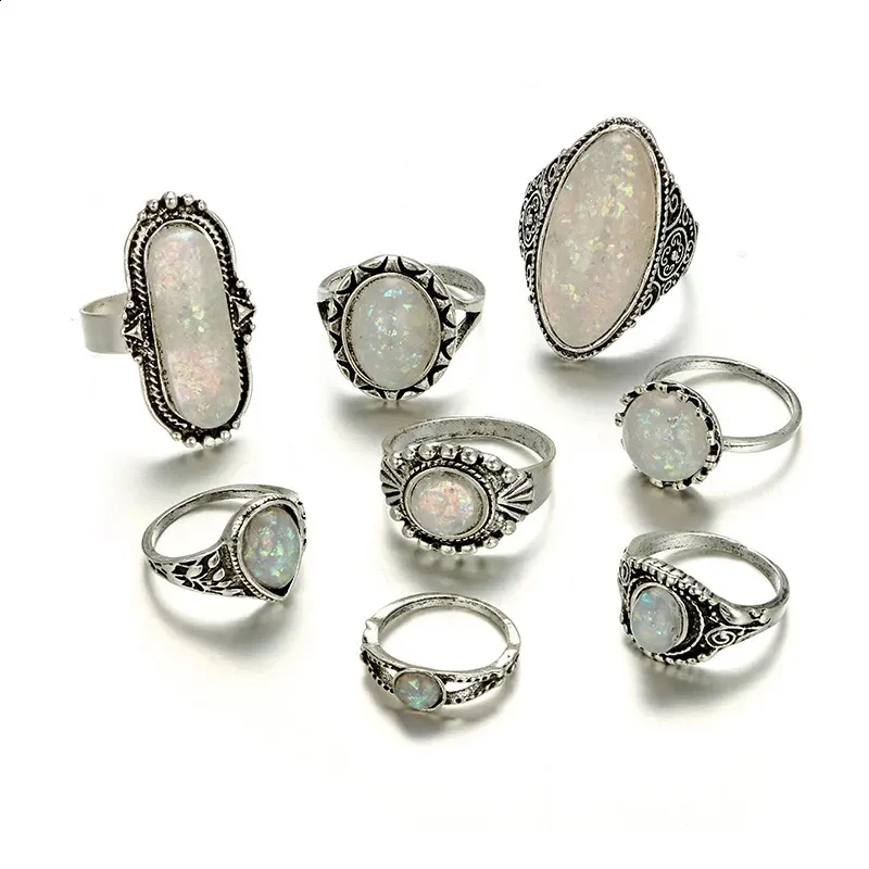 Bandringen Tocona Vintage Antiek Zilver Kleur Sets Kleurrijke Opaal Kristal Steen voor Vrouwen Mannen Boheemse Sieraden anillos 6421 231118