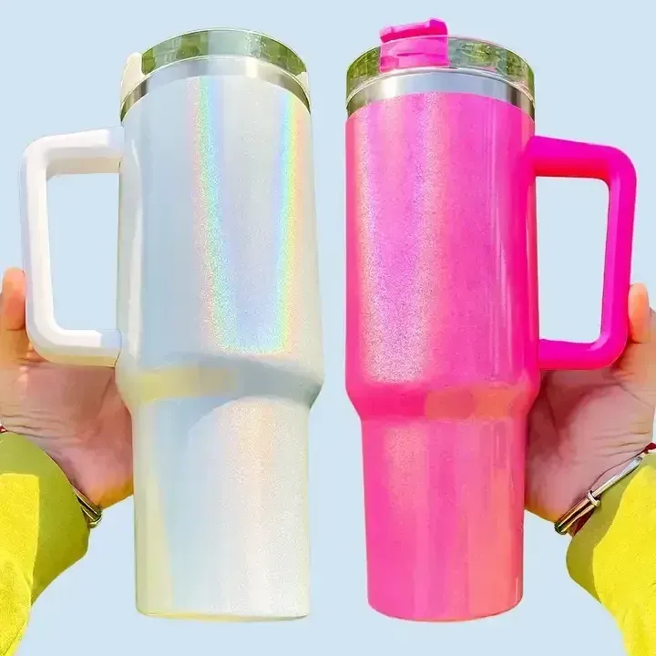 1Pc LOGO 40oz Sublimation Glitter Tumbler with Handle Lid Straw Big  Capacity Shimmer Glossy Water Bottle Outdoor Camping Cup Stainless Steel  Vacuum