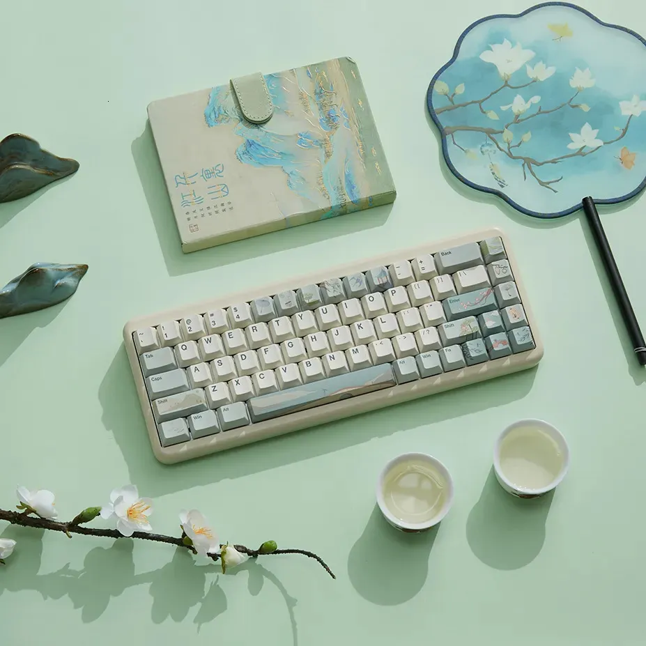 Tangentbord Yunzii Spring Tea 145 Full Key Dye Sub PBT Custom KeyCap med tangentdragare för Cherry Gateron MX Switch Mechanical Gaming Keyboard 231117