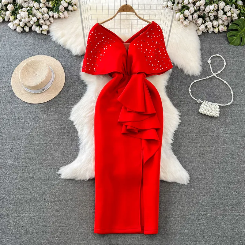 Casual Dresses Women Sweet High-End Nail Bead V-hals midja Wrap Buttocks Dress Vestidos Y2K Korean Fashion Tide Autumn Winter 2024